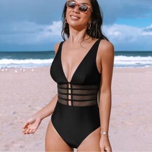 NWT Cupshe Women's Tummy Control Mesh Blk OnePiece Swimsuit Size L